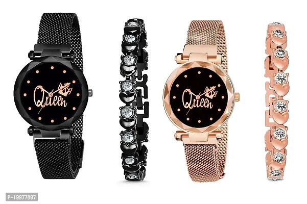 KIARVI GALLERY Clausal Black and Gold Queen Dial with Magnetic Metal Strap Analog Watch and 2 Present Gift Bracelet Set for Girls and Women (Combo of 4) (Black and Rose Gold)