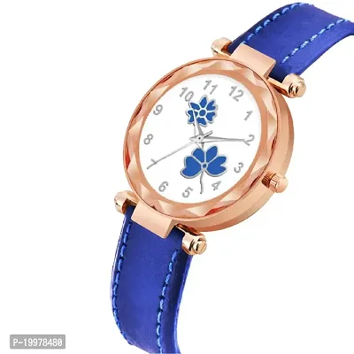 KIARVI GALLERY Analogue Flower Designer Dial Leather Strap Watch for Girls and Women(Black) (Blue)-thumb2