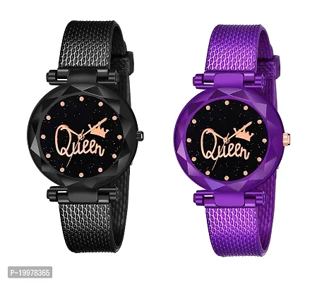 Analogue Queen Dial Pack of 2 Combo PU Strap Analog Watches for Girls and Women (Pack of 2) (Black and Purple)