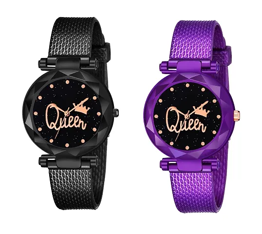 Analogue Queen Dial Pack of 2 Combo PU Strap Analog Watches for Girls and Women (Pack of 2) (Black and Purple)