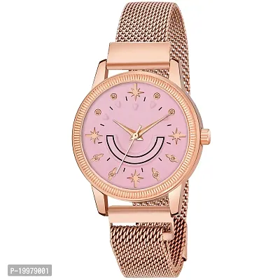 KIARVI GALLERY Analogue Smiley Pink Dial Unique Designer Magnetic Metal Strap Watch for Girl's and Women's (Pink Dial, Rose Gold Strap)-thumb0