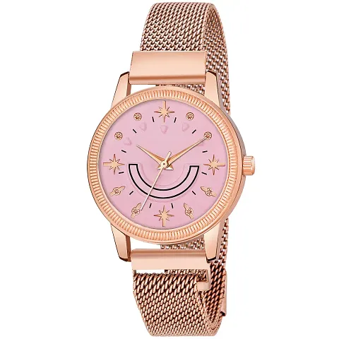 KIARVI GALLERY Analogue Smiley Dial Unique Designer Magnetic Metal Strap Watch for Girl's and Women's (Pink Dial, Strap)