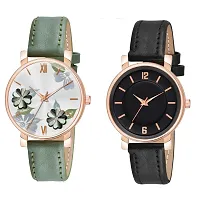 KIARVI GALLERY Analogue Pack of 2 Flowered and 6 to 12 Antique Dial Unique Designer Leather Strap Women's and Girl's Watch (Green-Black)-thumb3