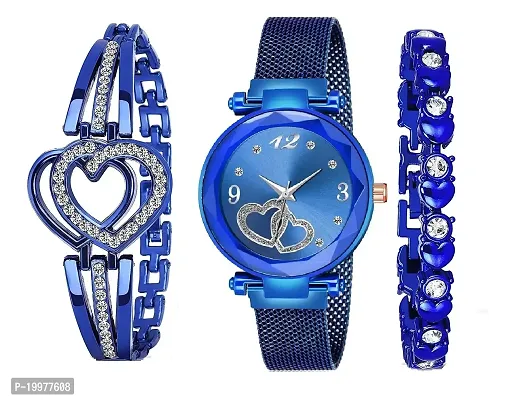 KIARVI GALLERY Branded Heart Dial Magnet Strap Analog Watch for Girls or Women and 2 Present Gift Bracelet Combo for Girls and Women(Combo of 3) (Blue)-thumb0