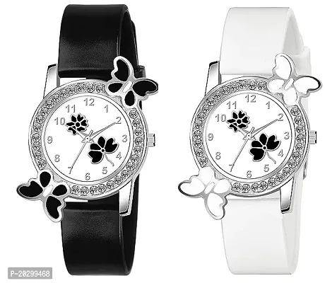 Kiarvi Gallery Analogue Butterfly Flower Design Dial Pu Strap Analog Girl S And Women S Watch  Black White Pack Of 2