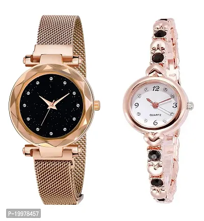 KIARVI GALLERY Rose Gold 12 Diamond Magnet Strap and Diamond Studded Rose Gold Bracelet Combo Analog Watch for Girl's and Women (Pack of 2)