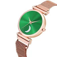 KIARVI GALLERY Analogue Moon Dial Unique Designer Magnetic Metal Strap Watch for Girl's and Women's (Rose Gold-Green)-thumb1