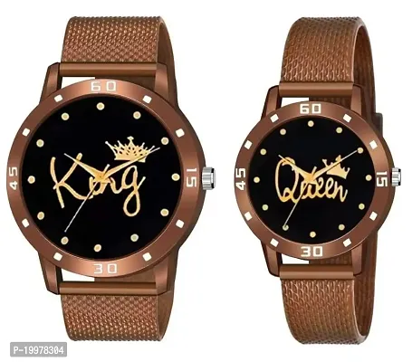 KIARVI GALLERY Analogue King and Queen Dial PU Strap Men's and Women's Couple Watch(Combo, Pack of 2) (Brown)-thumb0