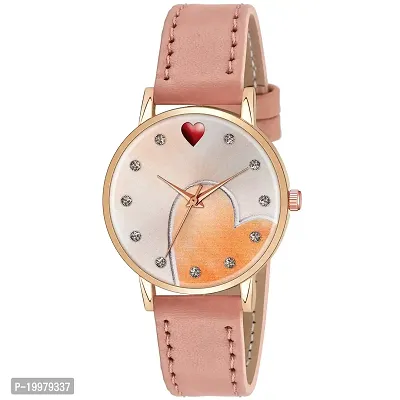 KIARVI GALLERY Analog Sweet Heart Dial Unique Designer Leather Strap Analogue Women's and Girl's Watch (Peach)