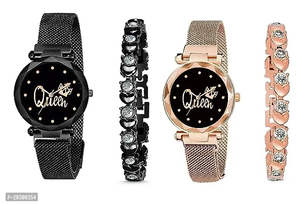 KIARVI GALLERY Clausal Black and Gold Queen Dial with Magnetic Metal Strap Analog Watch and 2 Present Gift Bracelet Set for Girls and Women Combo of 4