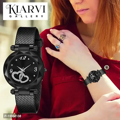 KIARVI GALLERY Black and Rose Gold Heart Dial Designer PU Strap Analog Watch for Girl's and Women (Pack of 2) (Black Gold) (Black-Blue)-thumb5