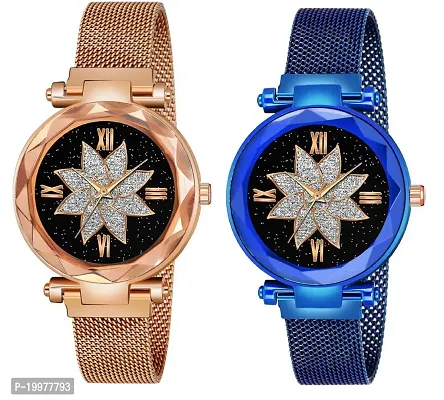 KIARVI GALLERY Gold and Blue Lower Star Dial Designer with Magnetic Metal Strap Analog Watch for Girl's and Women (Pack of 2)