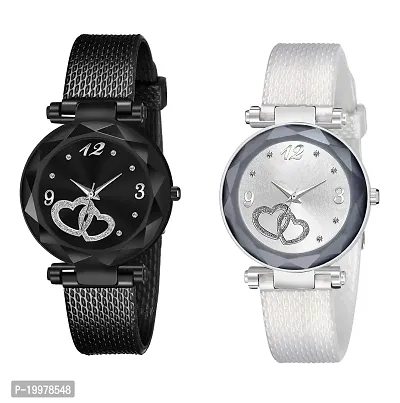 KIARVI GALLERY Black and Rose Gold Heart Dial Designer PU Strap Analog Watch for Girl's and Women (Pack of 2) (Black Gold) (Black-Silver)