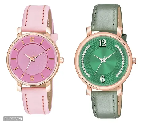 KIROH Analog Round Dial Designer Premium Leather Strap Analog Watch for Girls  Women(GRN-GRN) (Pink-Green)
