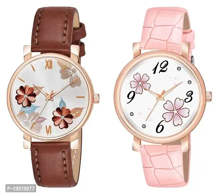 KIARVI GALLERY Analogue Round Dial Dual Flower Premium Leather Strap Watch for Girls and Women (Pack of -2, Grey-Black) (Brown-Pink)