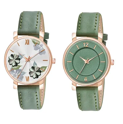 KIARVI GALLERY Flower and to 12 Dial Analogue Stylish Leather Strap Analoge Girls and Woman Combo Watches(Green)