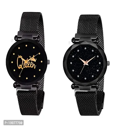 KIARVI GALLERY Black Queen and Black 12 Diamond Dial with Magnetic Metal Strep Analog Watch for Girls and Women