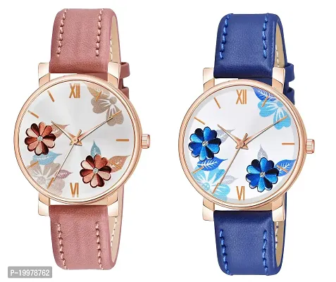 KIARVI GALLERY Analogue Flowered Dial Unique Designer Leather Strap Women's and Girl's Watch (Peach-Blue)-thumb0