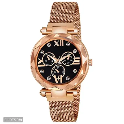 KIARVI GALLERY Black Dial Rose Gold Designer Magnetic Metal Strap Analog Girl's and Women's Watch