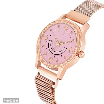 KIARVI GALLERY Analogue Smiley Pink Dial Unique Designer Magnetic Metal Strap Watch for Girl's and Women's (Pink Dial, Rose Gold Strap)-thumb2