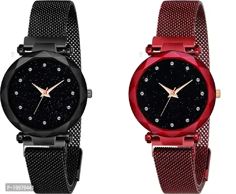 Kiarvi Gallery Black dial 12 Diamond Studded with Black and red Magnetic Strap Analog Watch - for Girls Analog Watch - for Girls