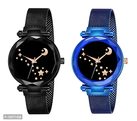 KIARVI GALLERY Black and Blue Moon Star Dial Designer with Magnetic Metal Strap Analog Watch for Girl's and Women (Pack of 2)