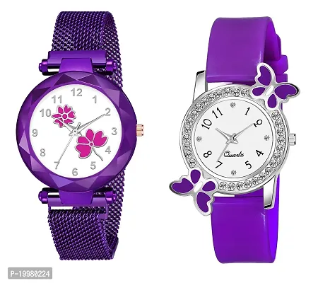 KIARVI GALLERY Analogue Flower Dial Magnetic and White Dial Butterfly Pu Strap Combo Girl's and Women's Watch (Purple-Pink-Purple)
