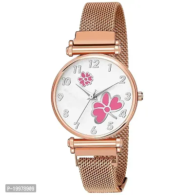 KIARVI GALLERY Clausal Flower Designer Multicolored Dial Rose Gold Magnetic Metal Strap Analog Watch for Girl's and Women (Rose Gold Pink Flower)