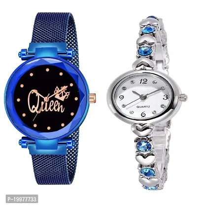 KIROHreg; Blue Queen Magnet Strap and Diamond Studded Silver Bracelet Combo Analog Watch for Girl's and Women (Pack of 2)