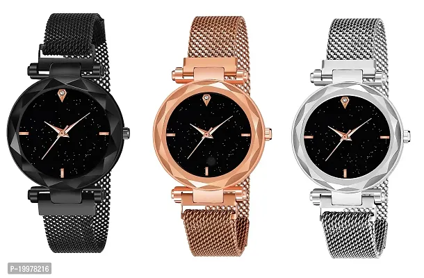 KIARVI GALLERY Analogue Gold Black  Silver Pack of 3 Magnetic Metal Strap Girl's and Women Watch(Black Gold and Silver Pack of 3) (Black-Gold-Silver-4M)