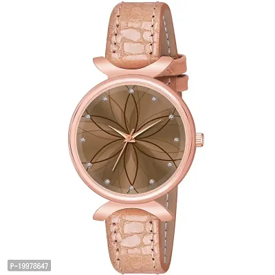 KIARVI GALLERY Analogue Black Full Flower Dial Unique Designer Leather Strap Women's and Girl's Watch (Brown)-thumb0