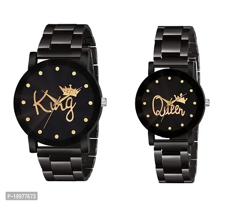 KIROH Analogue King and Queen Dial Men's  Women's Couple Watch (Black Dial Black Colored Strap) (Pack of 2)-thumb0