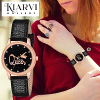 KIARVI GALLERY Clusal Analogue Queen Dial Unique Designer Leather Strap Watch for Girl's and Women's (Black)-thumb4