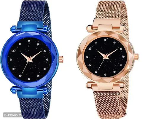 Kiarvi Gallery Black dial 12 Diamond Studded with Blue and Gold Magnetic Strap Analog Watch - for Girls Analog Watch - for Girls