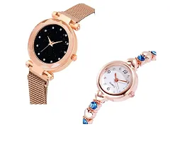 KIARVI GALLERY Rose Gold 12 Diamond Magnet Strap and Blue Diamond Studded Rose Gold Bracelet Combo Analog Watch for Girl's and Women (Pack of 2)-thumb1