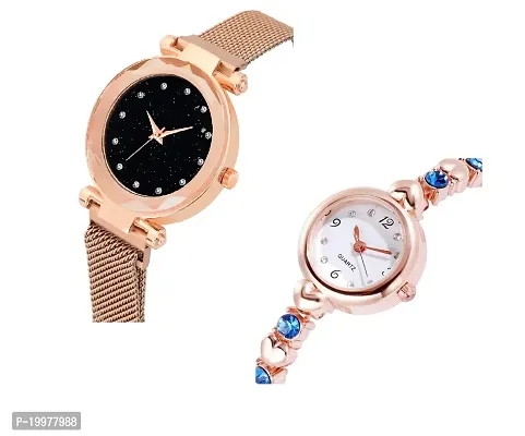 KIARVI GALLERY Rose Gold 12 Diamond Magnet Strap and Blue Diamond Studded Rose Gold Bracelet Combo Analog Watch for Girl's and Women (Pack of 2)-thumb2