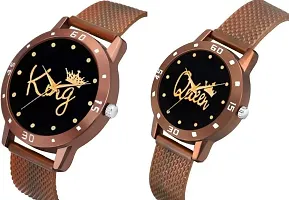 KIARVI GALLERY Analogue King and Queen Dial PU Strap Men's and Women's Couple Watch(Combo, Pack of 2) (Brown)-thumb1