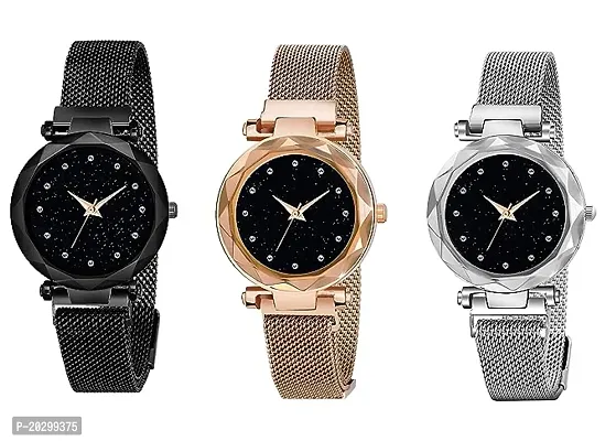 Kiarvi Gallery Analogue Gold Black   Silver Pack Of 3 Magnetic Metal Strap Girl S And Women Watch Black Gold And Silver Pack Of 3