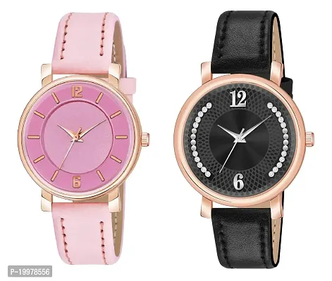 KIROH Analog Round Dial Designer Premium Leather Strap Analog Watch for Girls  Women(GRN-GRN) (Pink-Black)