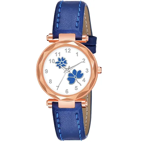 KIARVI GALLERY Analogue Flower Designer Dial Leather Strap Watch for Girls and Women(Black) (Blue)