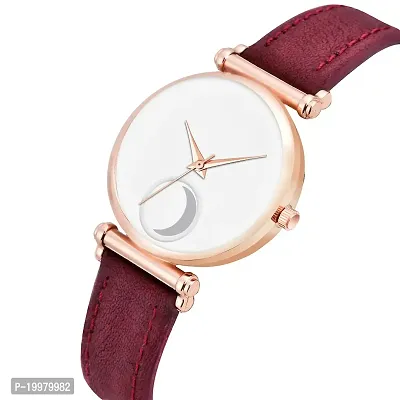 KIARVI GALLERY Clusal Analogue Moon Dial Unique Designer Leather Strap Watch for Girl's and Women's (Maroon-3)-thumb2