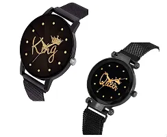 KIARVI GALLERY Causal King and Queen Dial Couples Design Magnetic Metal Strap Analog Men's and Women's Watch(Pack of 2) (Black)-thumb1