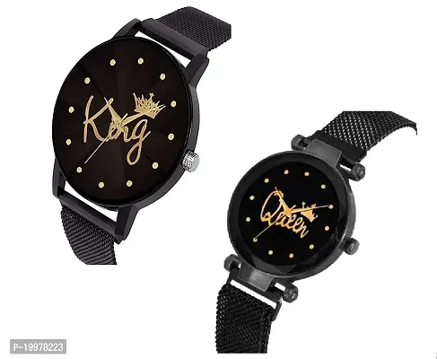 KIARVI GALLERY Causal King and Queen Dial Couples Design Magnetic Metal Strap Analog Men's and Women's Watch(Pack of 2) (Black)-thumb2