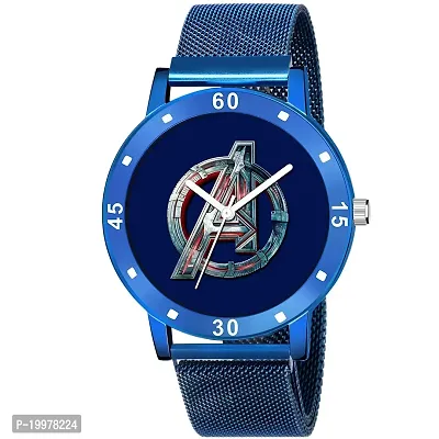 Kiarvi Gallery Analogue Black Avenger Print Dial Magnetic Metal Strap Boys and Men's Watches (Blue)