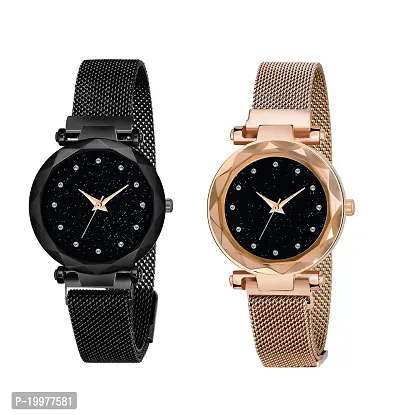 KIROH ? Black and Gold 12 Diamond Dial with Magnetic Metal Strap Women's Analogue Watch (Pack of 2)