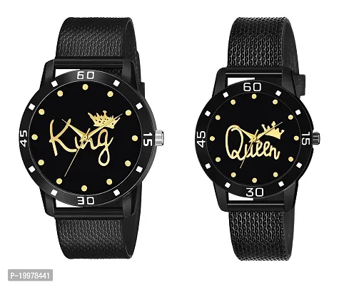 KIARVI GALLERY Analogue King and Queen Dial PU Strap Men's and Women's Couple Watch(Combo, Pack of 2) (Black)