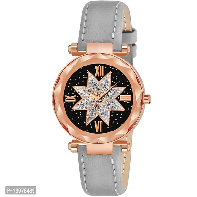 KIARVI GALLERY Analogue Star Flower Designer Dial Leather Strap Watch for Girls and Women(Black) (Grey)