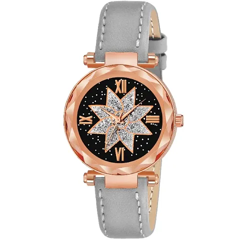 KIARVI GALLERY Analogue Star Flower Designer Dial Leather Strap Watch for Girls and Women(Black)