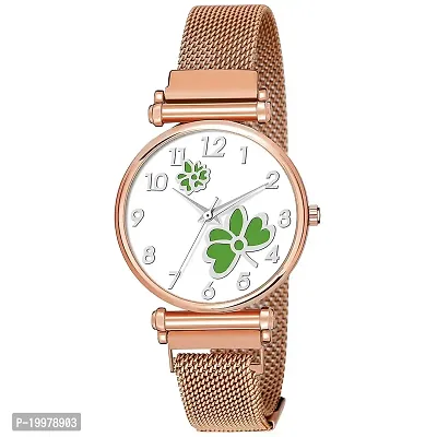 KIARVI GALLERY Clausal Flower Designer Multicolored Dial Rose Gold Magnetic Metal Strap Analog Watch for Girl's and Women (Rose Gold Green Flower)