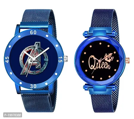 KIARVI GALLERY Analogue Black Avenger Print Dial and Queen Dial Magnetic Strap Men's and Women's Watches (Combo Pack of 2) (Black) (Blue)